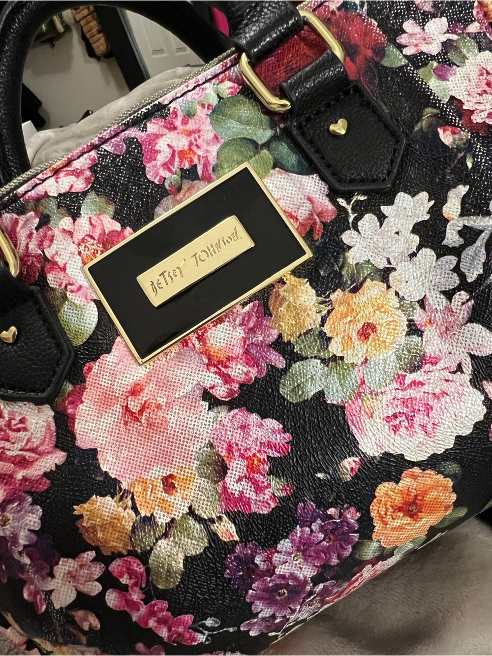 Betsey Johnson Black & Pink Floral Satchel Crossbody - Picture 3 of 8